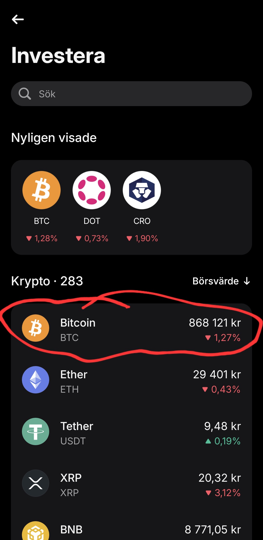 Välj Bitcoin i listan